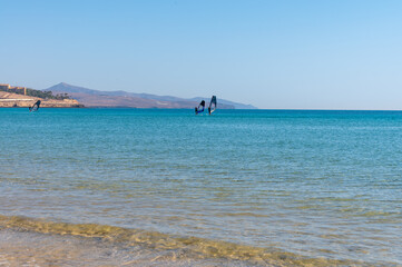 Sandy dunes and turquoise water of Costa Calma beach, Fuerteventura, Canary islands, Spain in winter