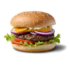 A delicious cheeseburger with fresh pickles, onion, tomato, and lettuce. Transparent background.