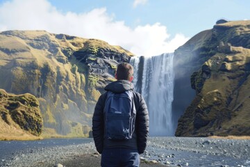 Man standing in awe of the magnificent skogafoss waterfall on a bright day in iceland
