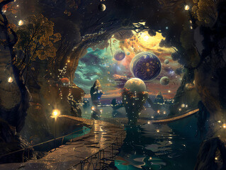 Explore the depths of philosophical debates with a surreal twist Envision a scene at eye-level angle