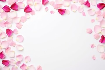Delicate frame of pink and magenta rose petals on a white background, ideal for elegant romantic messages.