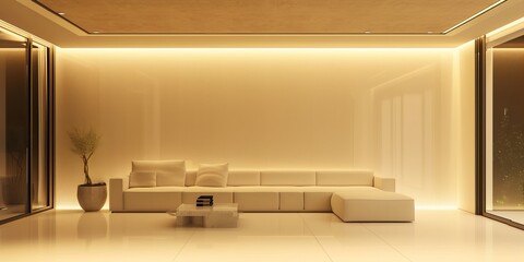 Modern laconic minimalist living room interior in neutral neon colors, with a cozy light sofa, pillows and big windows with copyspace	
