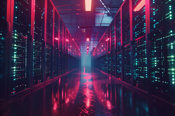 Obraz premium Data center, server racks in computer network security server room with neon lights in the dark