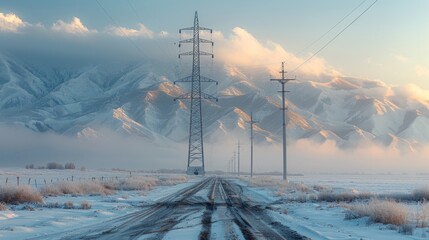 Majestic Silhouette of High Voltage Power Tower Against Snowy Mountain Background: AI-Generated Lifestyle - obrazy, fototapety, plakaty