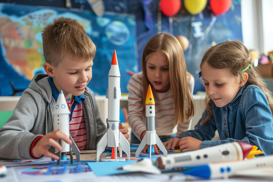 A group of school students building a model of a space rocket - Powered by Adobe