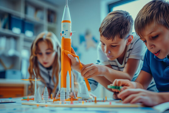 A group of school students building a model of a space rocket