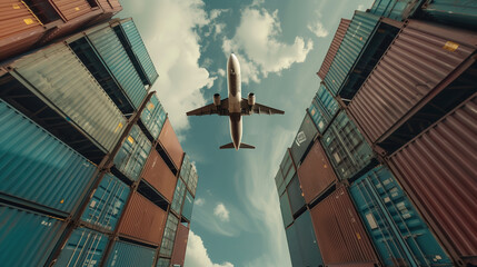Logistics supply chain management and international goods export concept. Airplane flying above shipping container