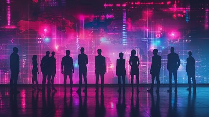 Group of business people in silhouette standing and talking, digital screen displaying graphs of global data and a world map, a futuristic neon background, in the style of digital technology concept