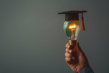 Hand holds a light bulb with a graduation hat on a grey background, concept of education and knowledge for success in life. Text space on the right side. Black tassel on the cap and a world map inside
