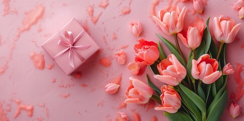 Fototapeta premium Tulips flower bouquet, pink gift box and ribbon on a pastel background. A happy Women's Day or Mother day concept banner, poster or greeting card template in the style of a pastel background.