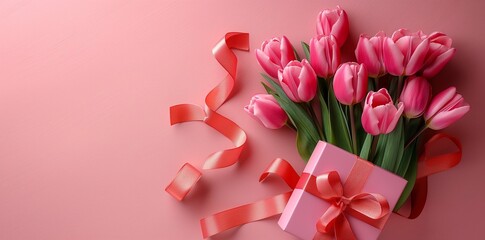 Tulips flower bouquet, pink gift box and ribbon on a pastel background. A happy Women's Day or Mother day concept banner, poster or greeting card template in the style of a pastel background.