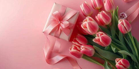 Tulips flower bouquet, pink gift box and ribbon on a pastel background. A happy Women's Day or Mother day concept banner, poster or greeting card template in the style of a pastel background.
