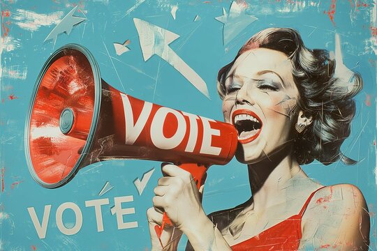 A woman speaking into a megaphone with VOTE written on it, a smiley face and red lips in the background. An abstract collage concept promoting voting for political advertising. 