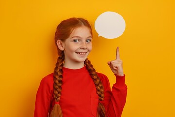 Happy red hair girl holding white speech bubble above her head isolated on yellow background, pointing finger at it