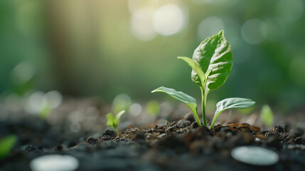 Investment, interest or passive income concept. Plant growing from a fresh soil