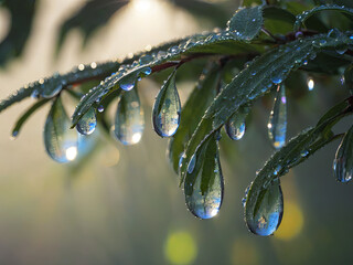 Macro photography of dewdrops on a tree, with morning sunlight creating rainbows
