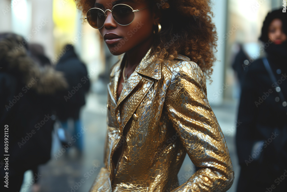 Wall mural street fashion model wearing sunglasses and metallic golden jaket with a snake print