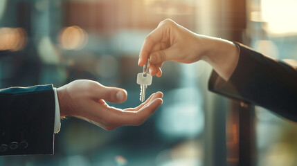 Real estate agent giving a house key to businessman. Broker, seller or dealer concept