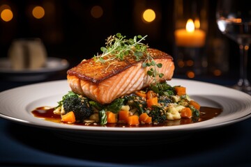 Delicious seared salmon fillet with roasted vegetables