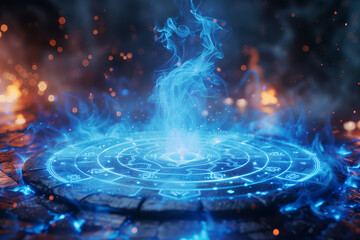 Astrological natal chart, glowing with neon light of some power against a backdrop of stars and constellations in space and universe