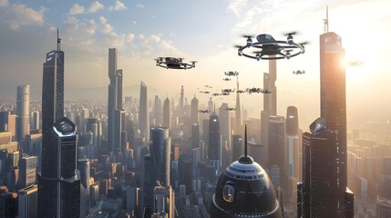 Drones in a futuristic city