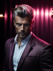Fototapeta premium Stylish man with vibrant hair color in a dark setting