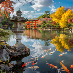 Descending Autumn Colors: A Serene Landscape in a Traditional Japanese Garden with Torii Gate and...