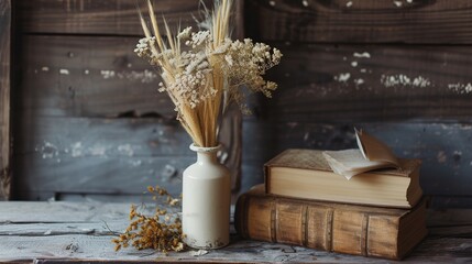 Vase with dry flowers, grass and old books on wooden table. Generative Ai