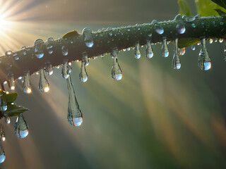Macro photography of dewdrops on a tree, with morning sunlight creating rainbows