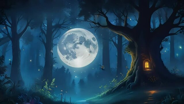 An enchanting fairy tale forest wallpaper showcasing towering trees adorned with glowing fireflies and mystical creatures flitting among the branches, under a sky ablaze with the light of a full moon.