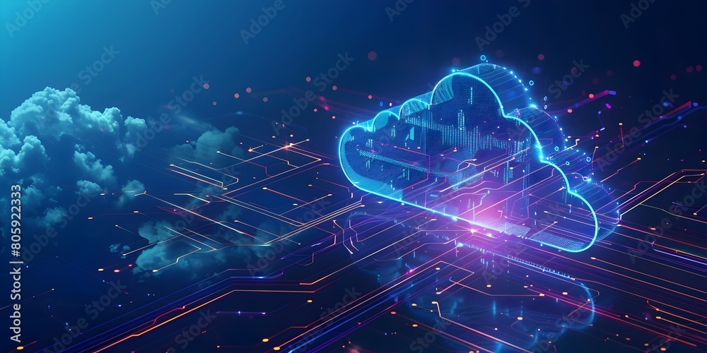 Poster cloud computing concept with futuristic digital cloud infrastructure for it certification programs d