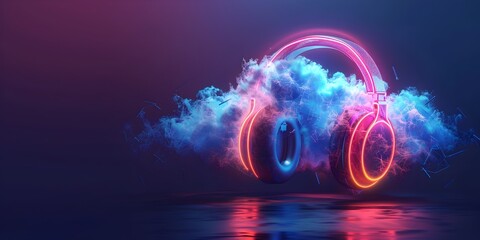 Obraz premium Moody Neon Headphones Illuminate Digital Podcast on Cloud Data Compliance and Governance