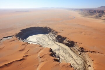 Fototapeta premium Aerial view of vast desert landscape with dry lake bed