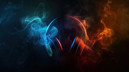 Headphones with colorful smoke on dark background. Music and sound concept.