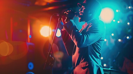 Male jazz singer sings jazz songs on stage at night in jazz club. that makes a difference