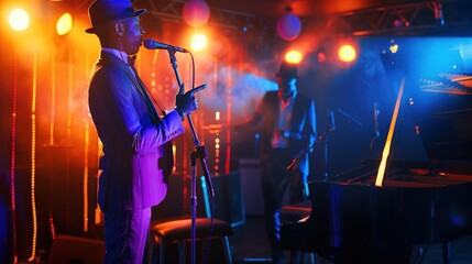 Male jazz singer sings jazz songs on stage at night in jazz club. that makes a difference