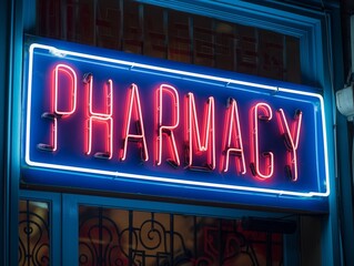 A vibrant neon sign spelling 'PHARMACY' illuminates the facade of a store at night.