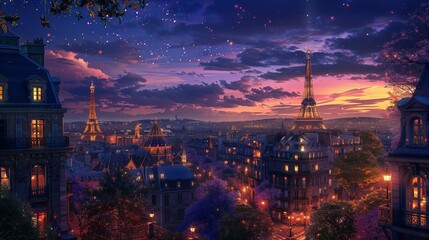 City of Lights and Love: The Enchanting Nightfall Skyline of Paris