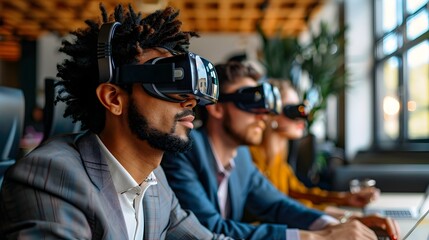 An office group collaborating and learning through an augmented reality game to improve teamwork and communication in a tech driven workplace