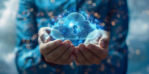 Cloud Security Best Practices and Certification Course Concept with Futuristic Glowing Sphere in Hands