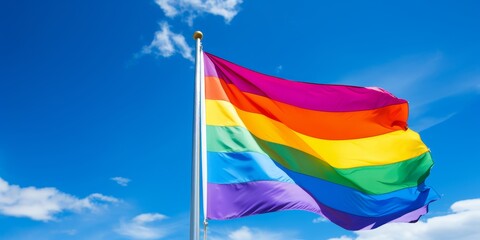 Vibrant rainbow flag waving in the blue sky