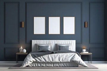 Dark blue bedroom interior with blue walls, wooden floor, comfortable king size bed and bedside table. 3d rendering