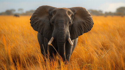 Naklejka premium Big elephant walking on dry grass of savannah