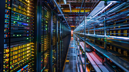 A bustling data center filled with rows of servers processing vast amounts of information.