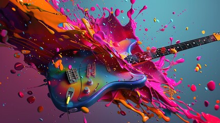 Rock instruments explode with brightly colored splashes of guitar.