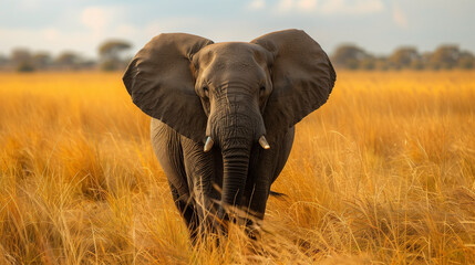 Fototapeta premium Big elephant walking on dry grass of savannah