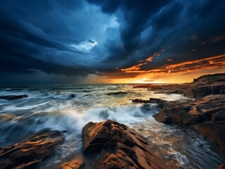 Fototapeta premium Dramatic sunset over crashing waves on rocky coastline