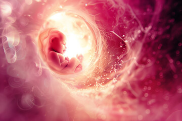 Human fetus baby concept inside pregnant woman's belly. Unborn baby embryo during pregnancy - obrazy, fototapety, plakaty