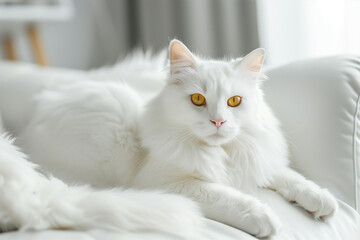 Charming Domestic White Cat With Yellow Eyes Lying On White Sofa in the Living Room