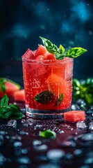watermelon drink with basil on a dark background 